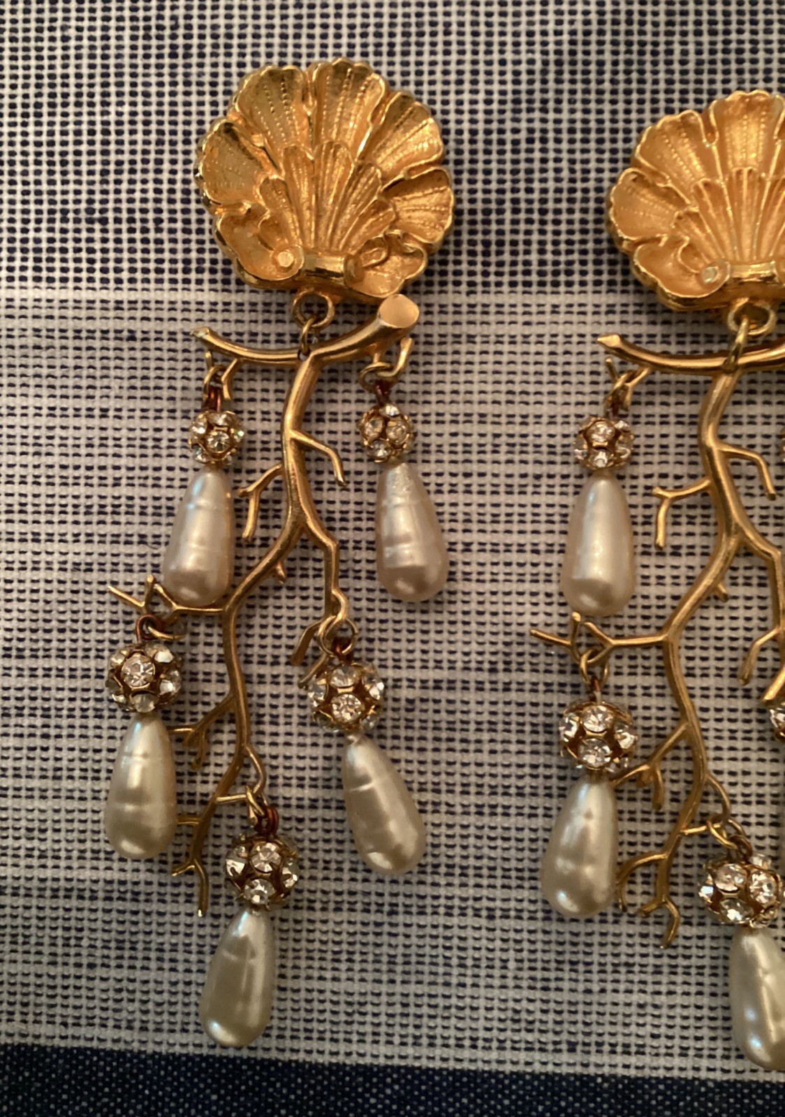 Philippe Ferrandis French? Gold Plated Seashell Faux Pearl Chandelier Earrings