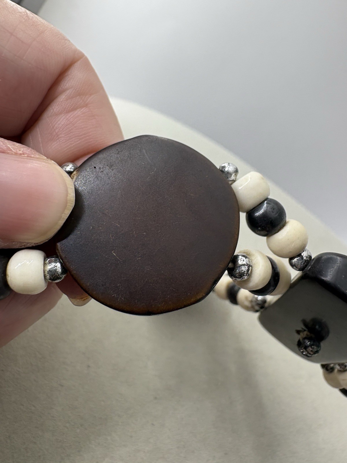 Black & Cream & Silver Tone Tribal Beaded Necklace