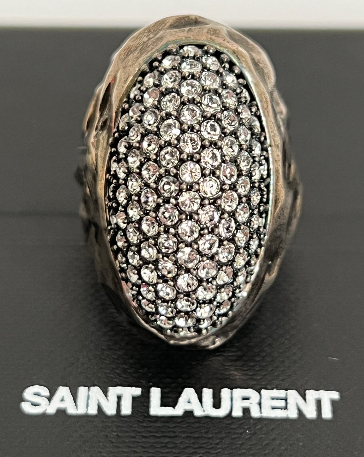 NIB Saint Laurent YSL Crystal Egg Molten Silver Brass Dome Cocktail Ring 7 $895