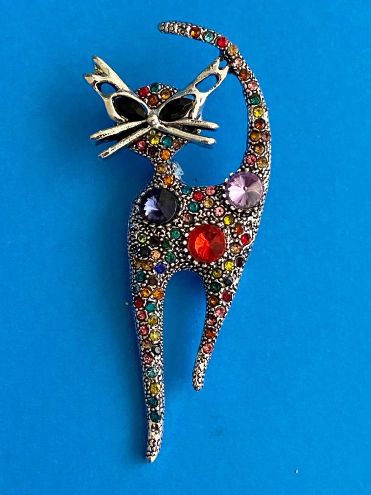 Multicolor Rhinestone Silver Cat Brooch Box included