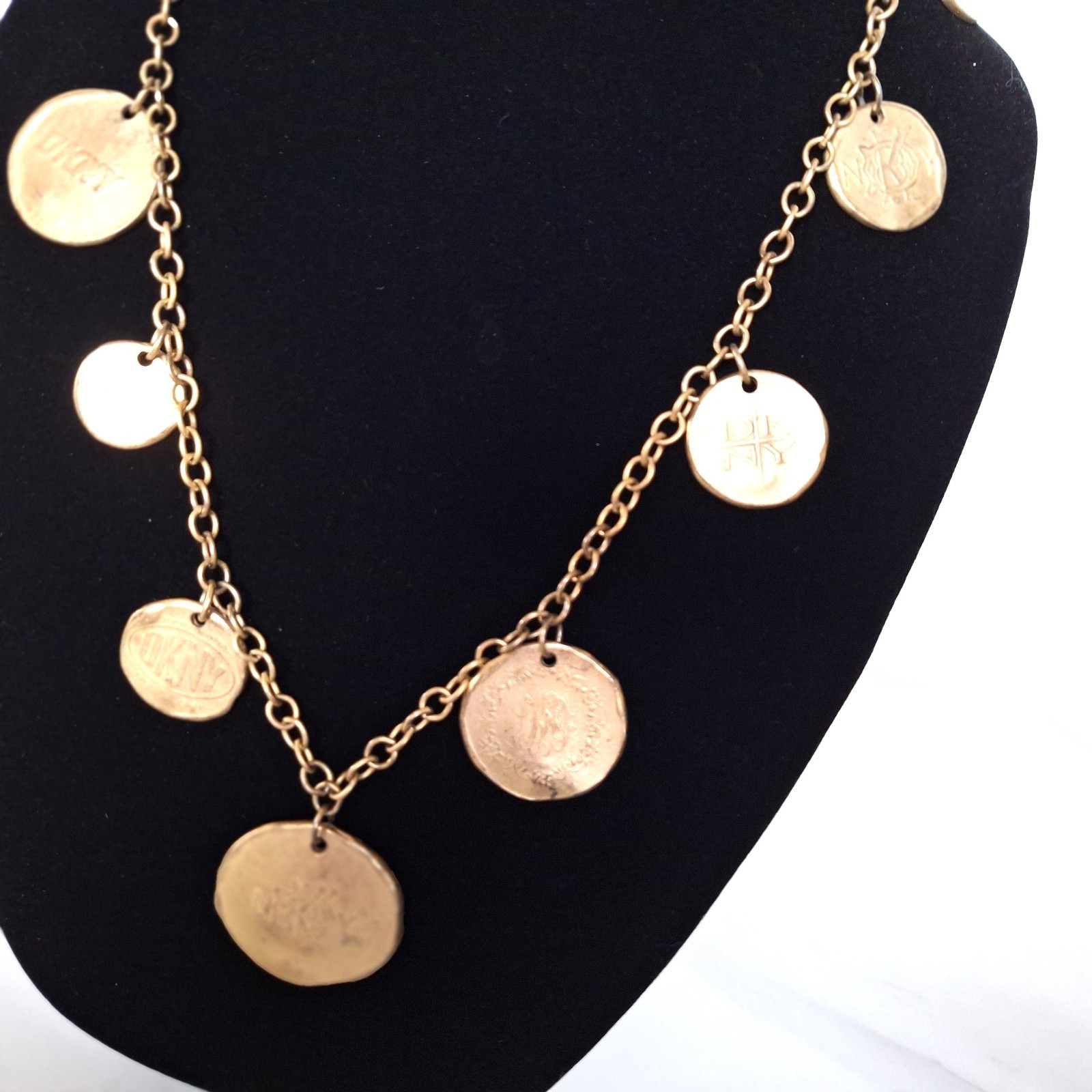 VINTAGE 1993 DKNY STATEMENT NECKLACE DONNA KARAN DESIGNER GOLD MEDALLIONS 32 IN
