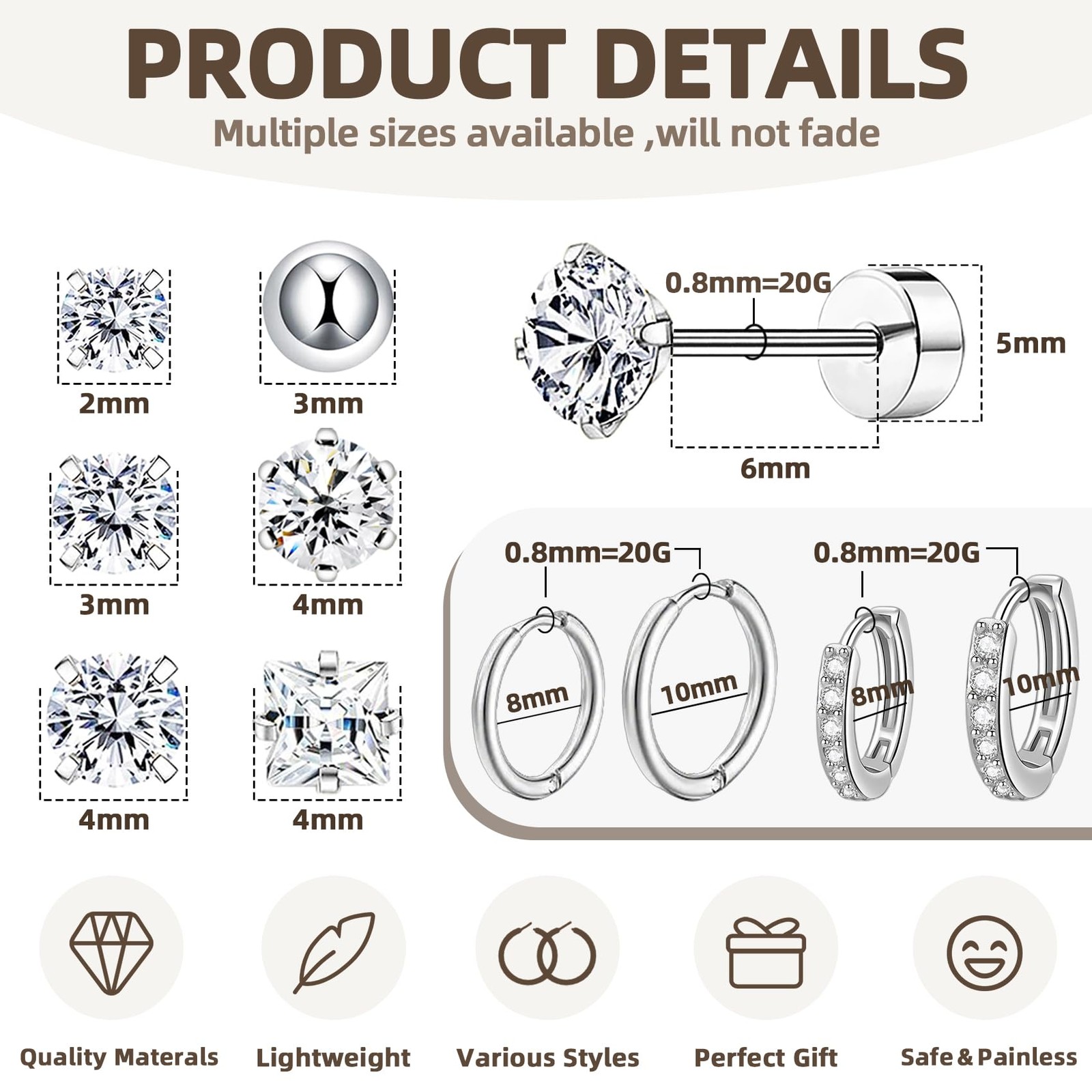 10 Pairs Stainless Steel Stud Earrings Colorful CZ 20G Stud