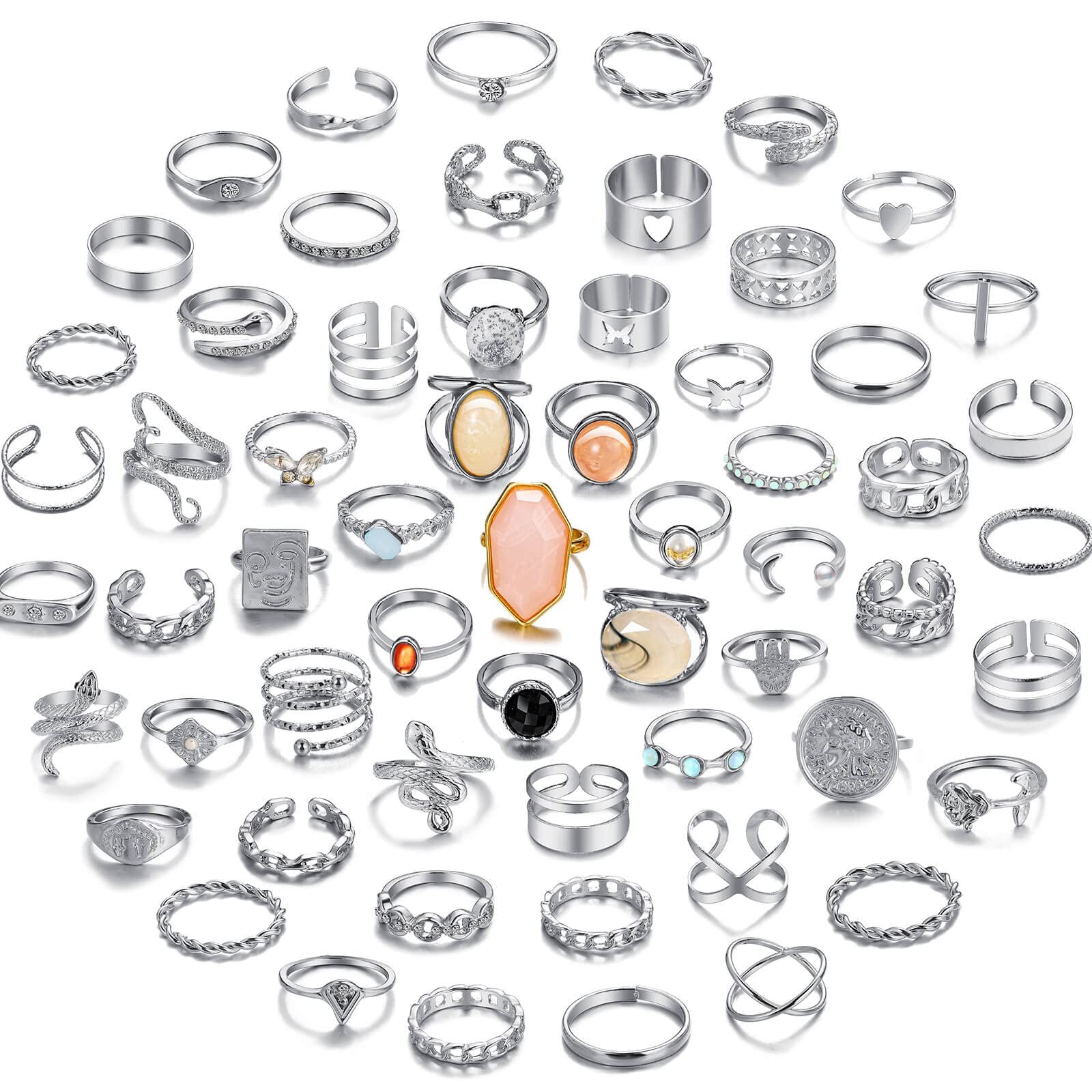 60 Pcs Silver Stacks Ring Sets for Women Non Tarnish, Dainty Vintage Stackabl…