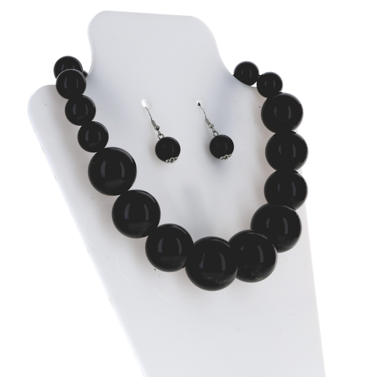 Black Chunky Bead Statement Necklace Faux Pearl Acrylic 19-22 Inch Earring Set