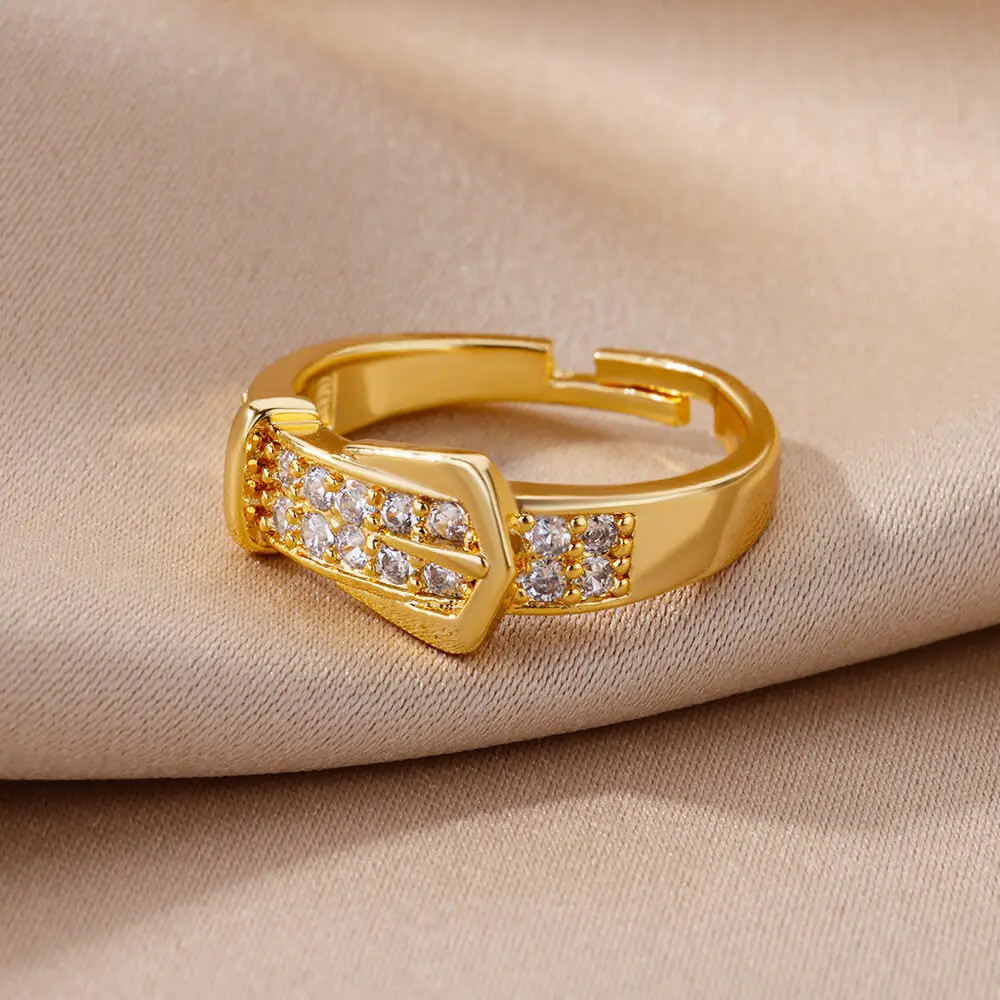 Geometric Belt Ring Adjustable Stainless Steel Simulated Zirconia Unisex Jewelry