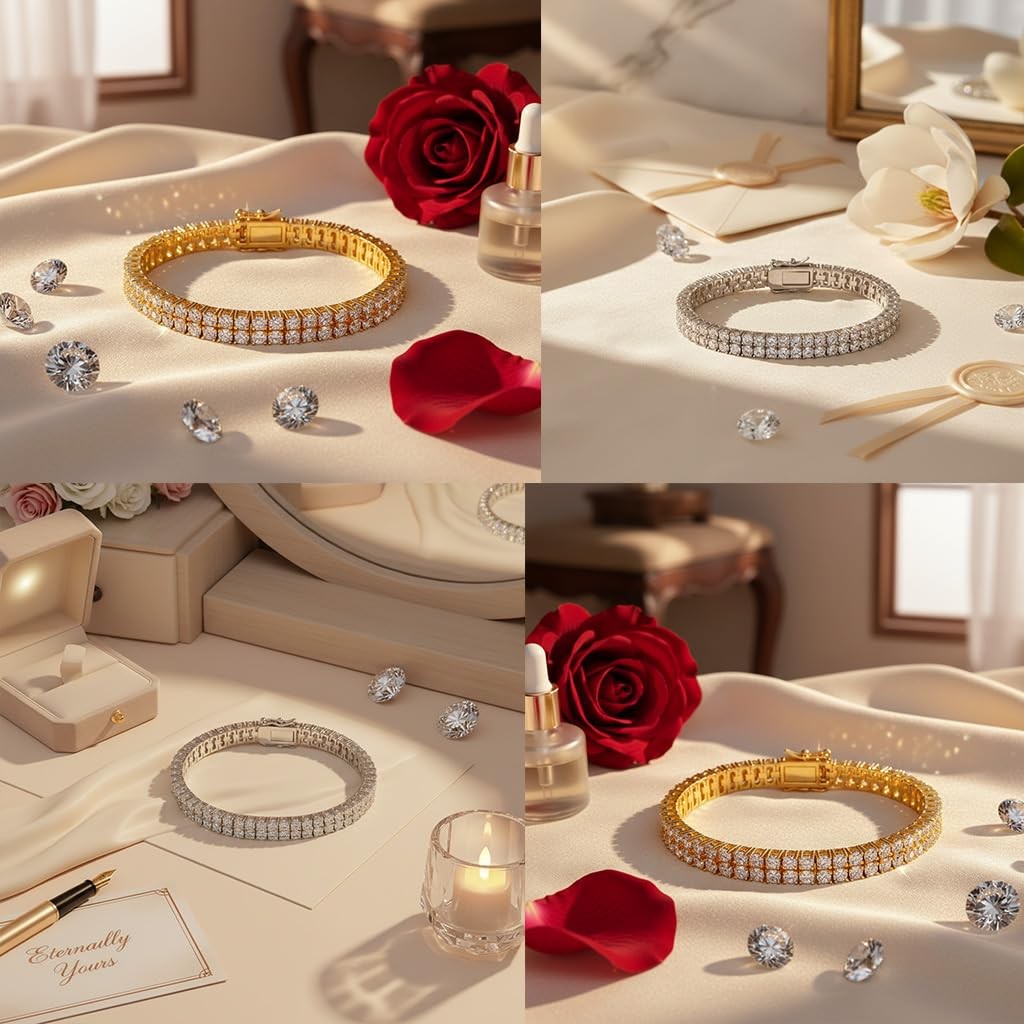 2 Rows Tennis Bracelets for Women Men – 18K White Gold Plated
