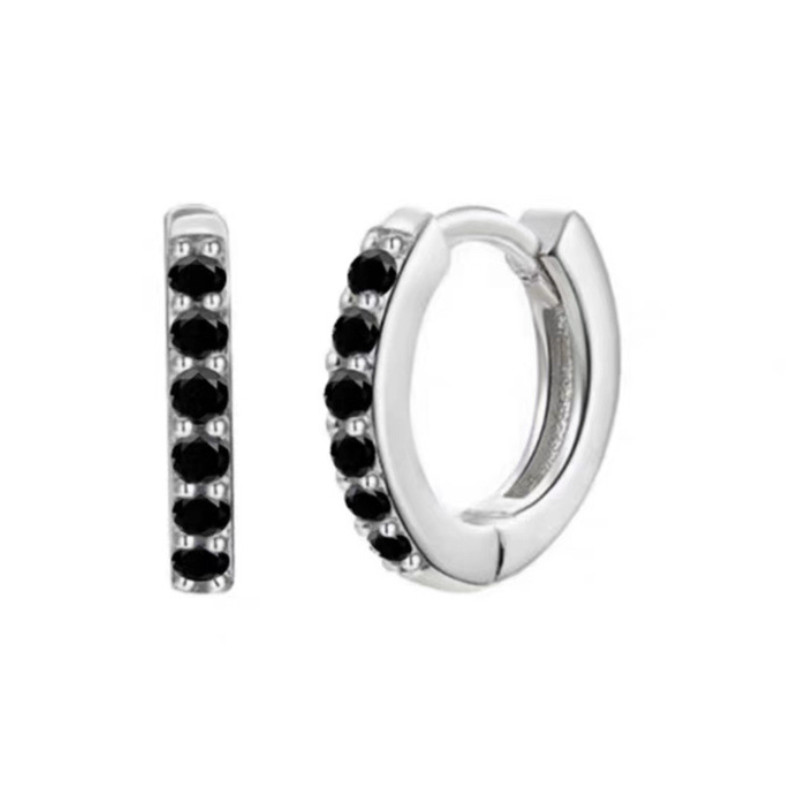 6/7/8/9/11mm 925 Silver Plated Black CZ Huggie Hoop Earrings Men & Women 2Pcs