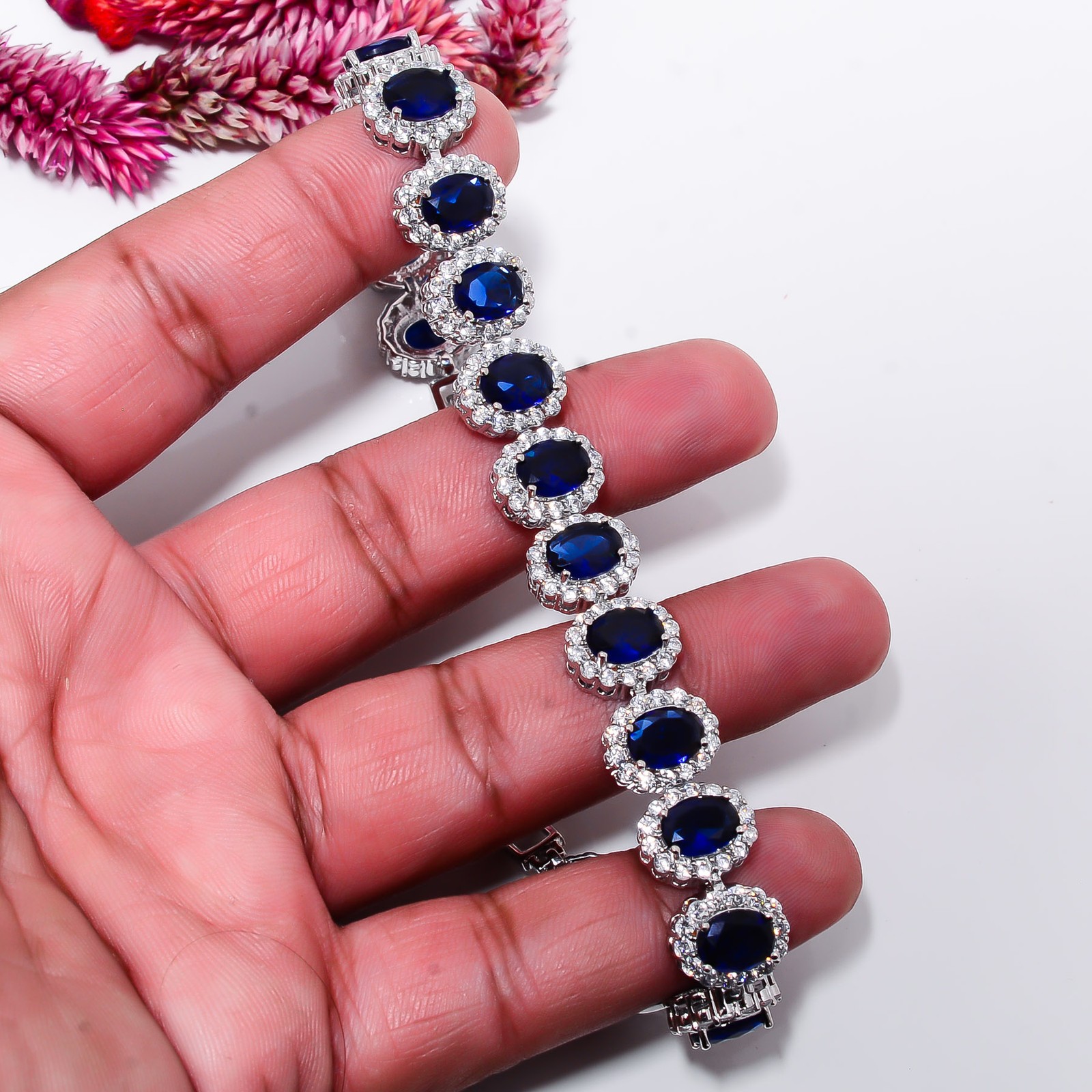 Blue Sapphire -Simulated, CZ 925 Sterling Silver Adjustable Bracelet 7-8″ B1822