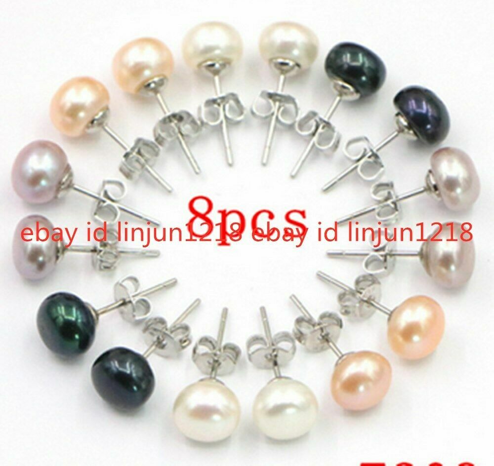 Lot 8 Pair 7-8mm White Pink Purple Black 925 Sterling Silver Stud Pearl Earrings