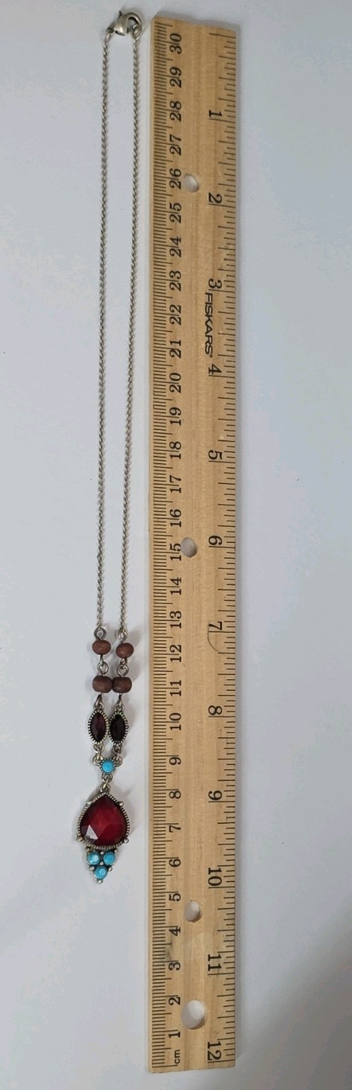 Avon Necklace Vintage Y Drop Red Blue Acrylic Rhinestones Dainty 20″
