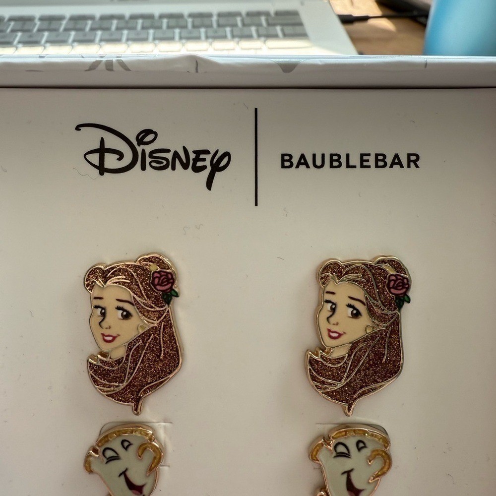 Disney BaubleBar Beauty and the Beast Belle Chip Earring Set Gold Tone Enamel