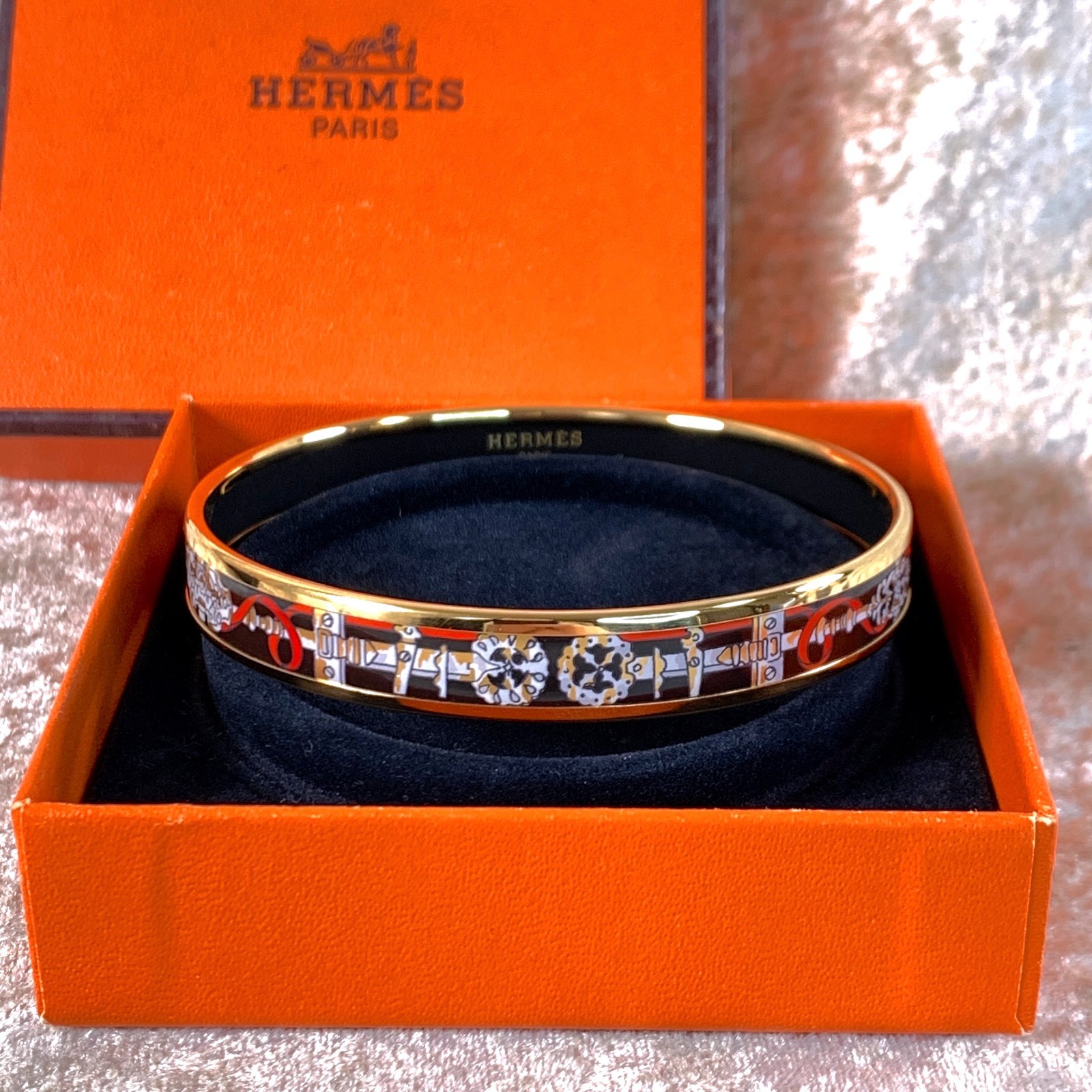 Vintage Hermes Bangle Bracelet Black Red Enamel Gold Rim Size 70 with Box
