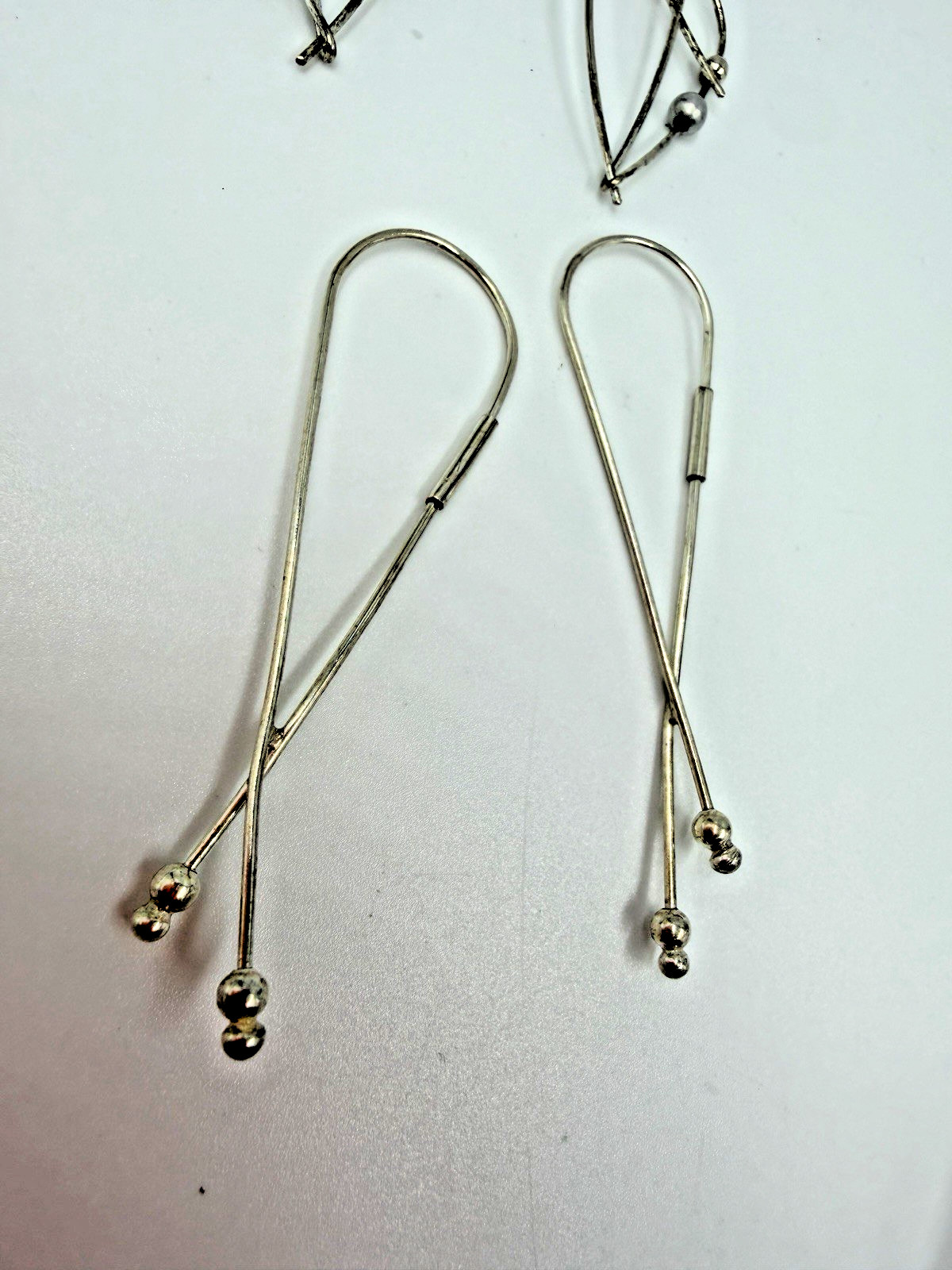 Sterling Silver Earrings Lot Kinetic Wire 2 Pair Unsigned Threader Hoop Artsy