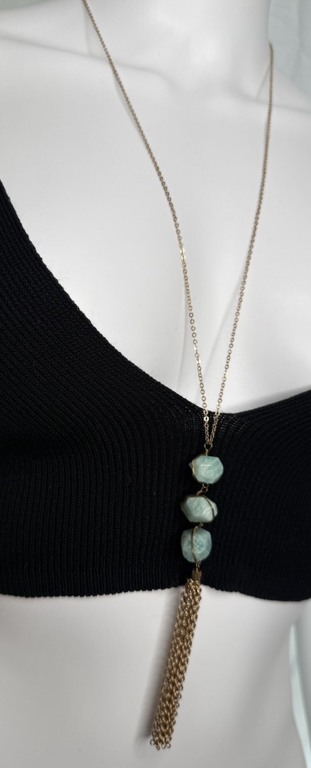 Blue Green Stone Style Tassel Pendant Necklace Gold Tone Long Boho 16.9g