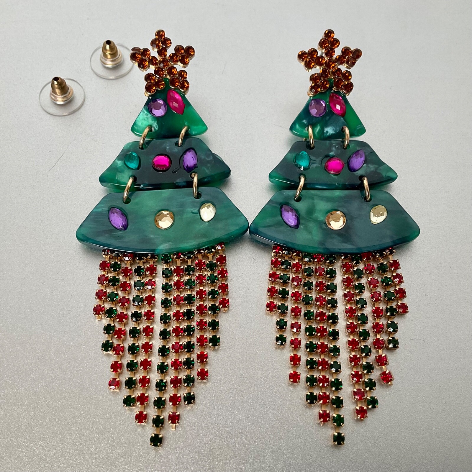 NOIR Funky Statement Christmas Tree Dangle Earrings Acrylic & Rhinestones