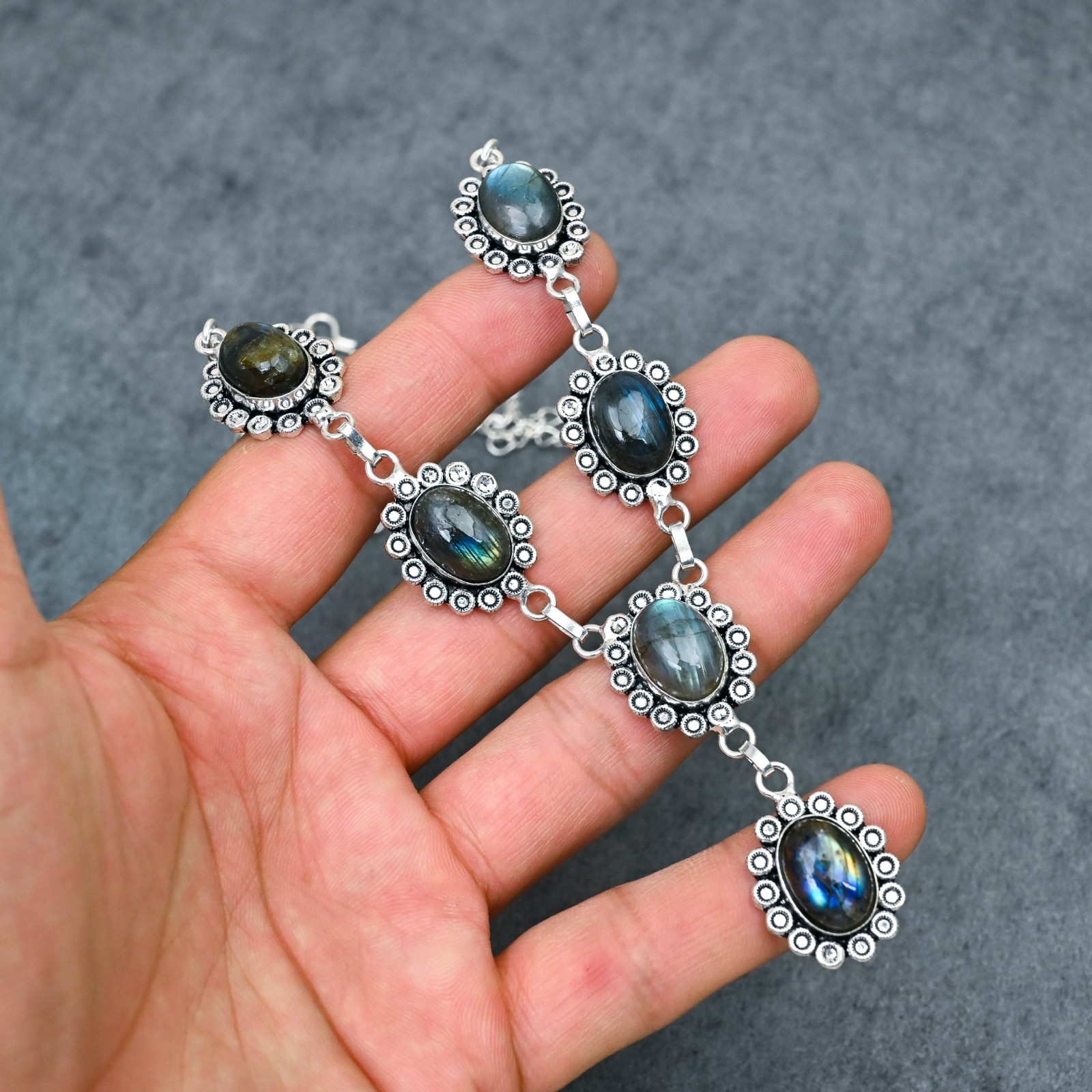 Silver Plated Labradorite Y-Necklace | Multi-Stone Milgrain Cabochon | Artisan