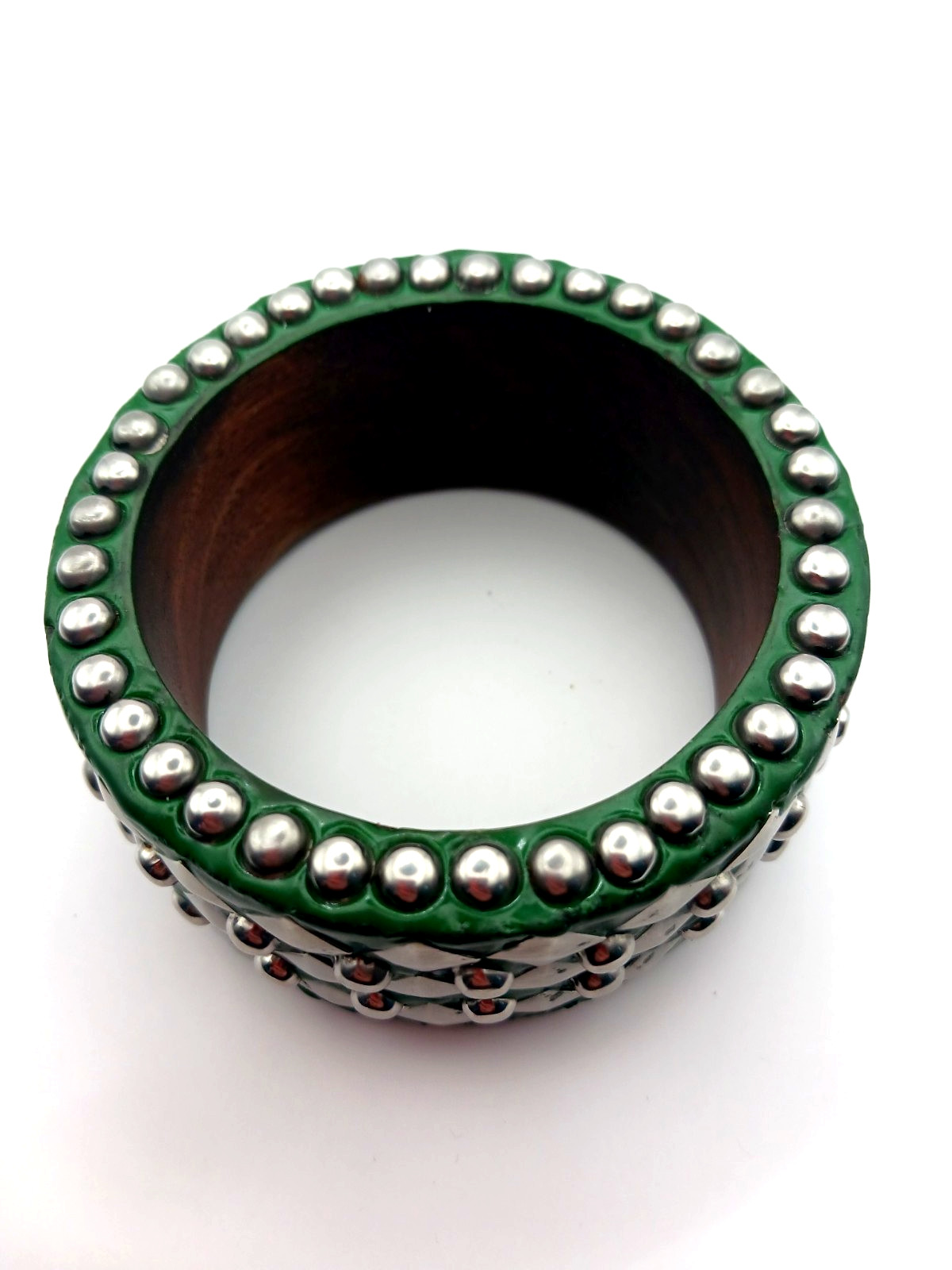 Gothic Wood Bangle 5 Row Metal Studded Green Heavy Bracelet