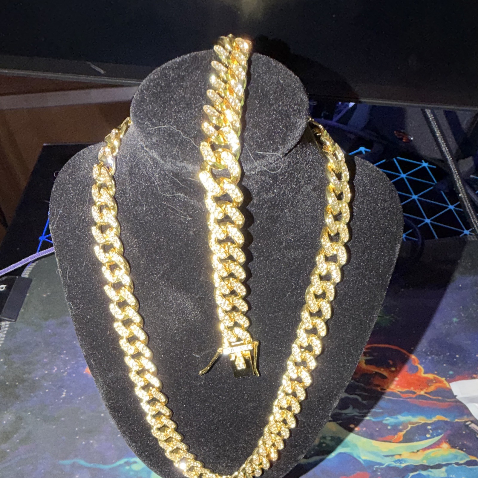 Gold Tone Iced Out Cuban Link Chain Necklace And Matching Bracelet
