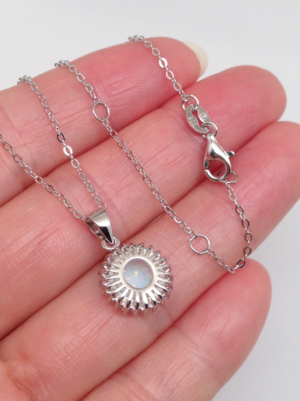 925 Sterling Silver White Opal Halo Pendant Necklace Cz 10mm 16-18″ Simulated