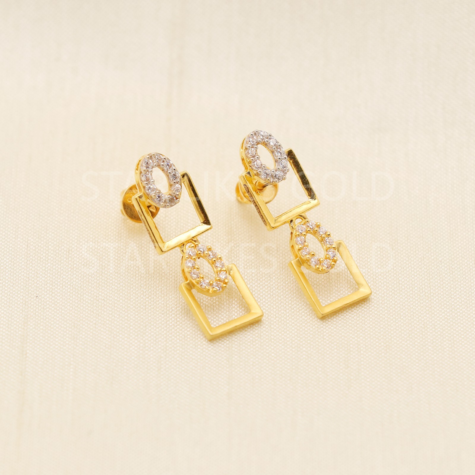 Solid 22k Gold Geometric Double Square Dangle Earrings Pave CZ Oval Link