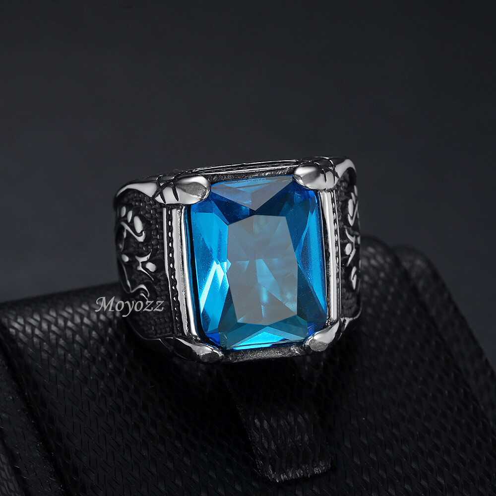 Mens Blue CZ Simulated Onyx Sapphire Stone Ring Stainless Steel Size 7-15 Gift