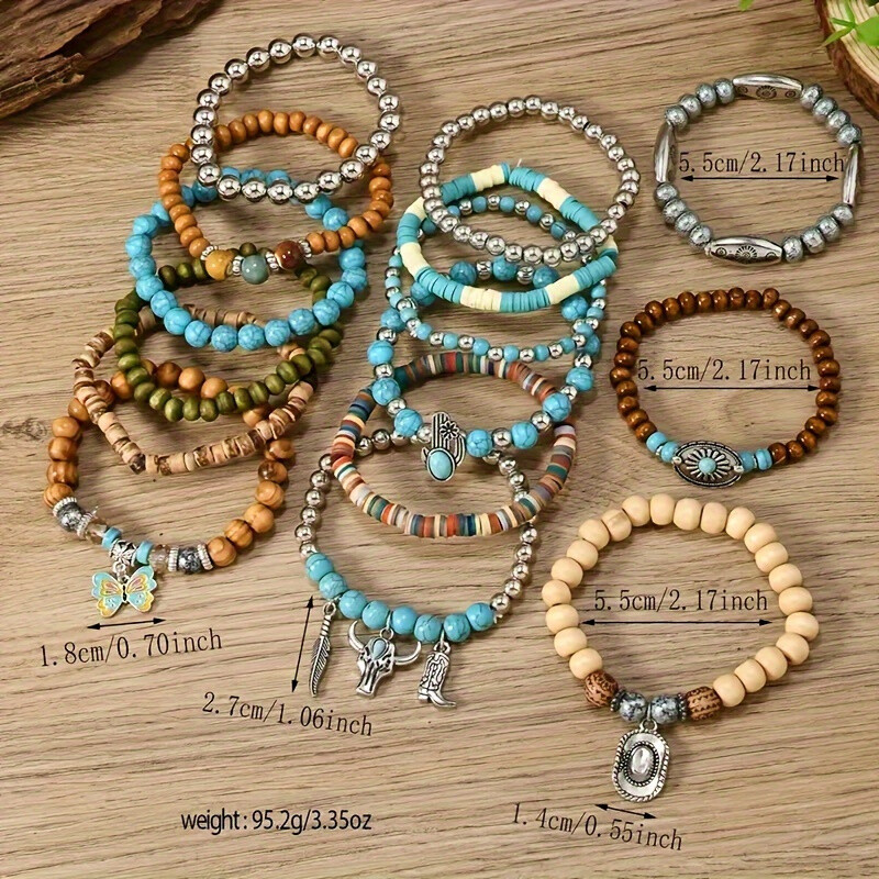 15pcs Bohemian Style Wooden Bead Bracelet Set Multi-Layer Stretch Bead Bracelet