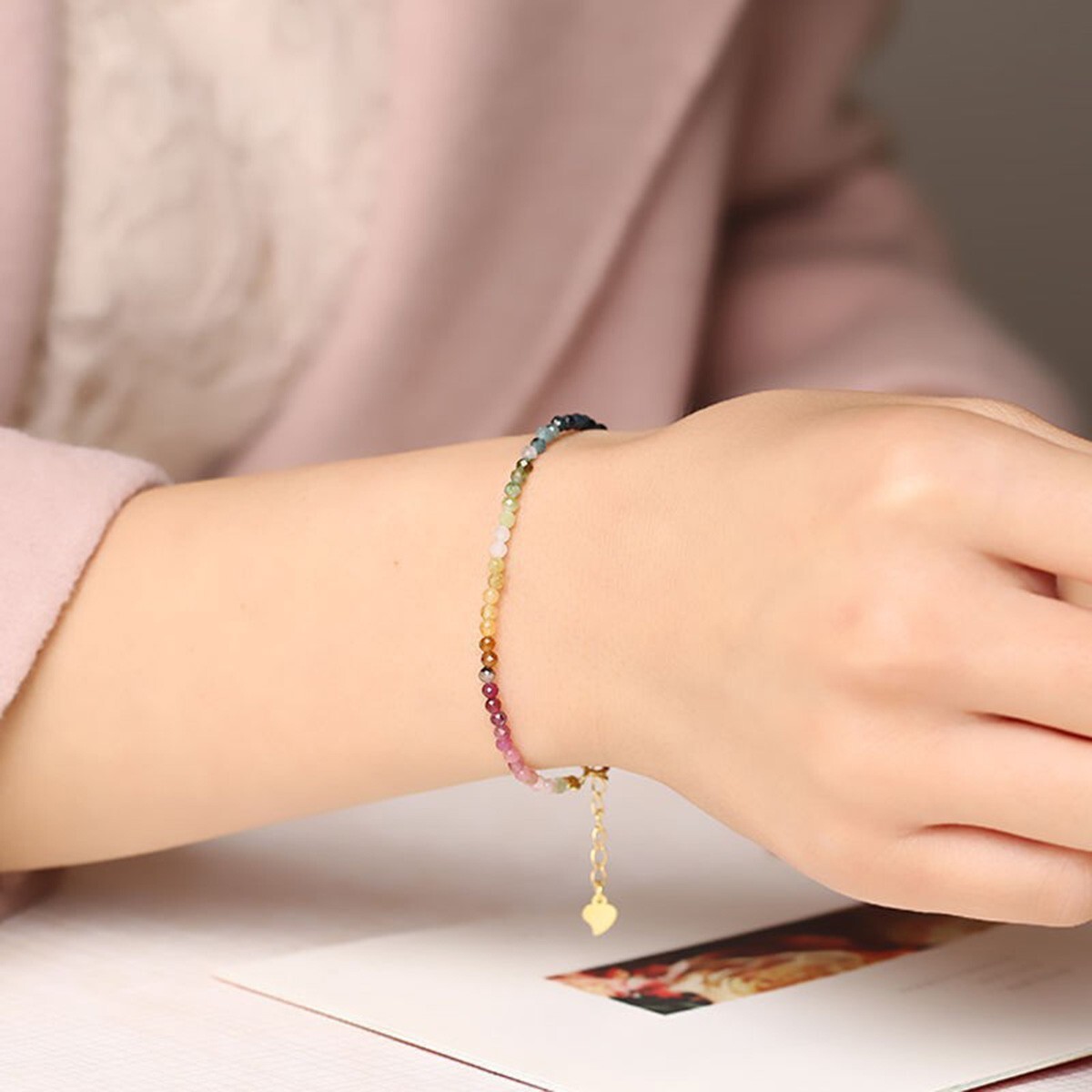 Rainbow Tourmaline Crystal Gemstone Dainty Bracelet Minimalist 2mm Faceted Beads