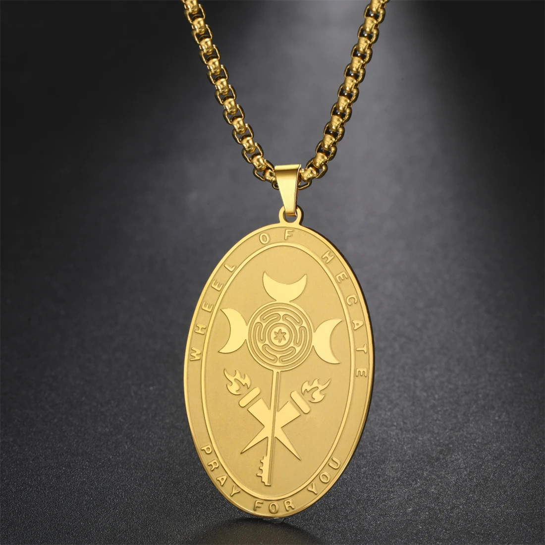 Stainless Steel Triple Moon Goddess Pendant Necklace Wheel of Hecate Amulet Gift