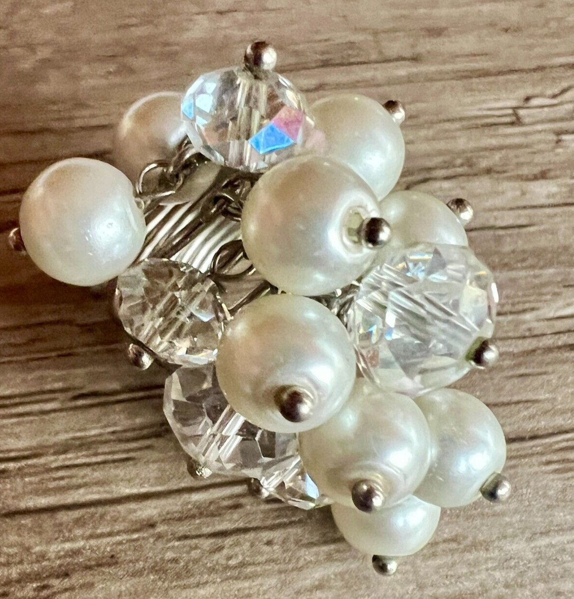 Vintage Faux Pearl & Crystal Cluster Statement Ring Adjustable Multi-Band Unique