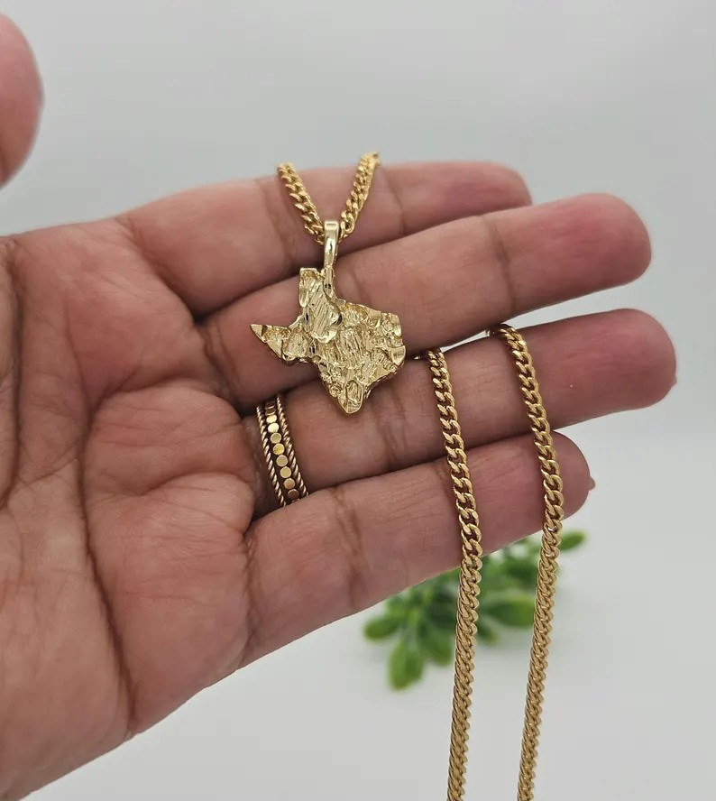 Gold Nugget Texas Necklace, 3mm Curb Chain, 14k Gold Plated,Lifetime Replacement