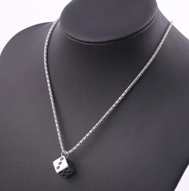 New 6 Sides Steel Silver Dice Necklace Dice Figured Men’s Lucky