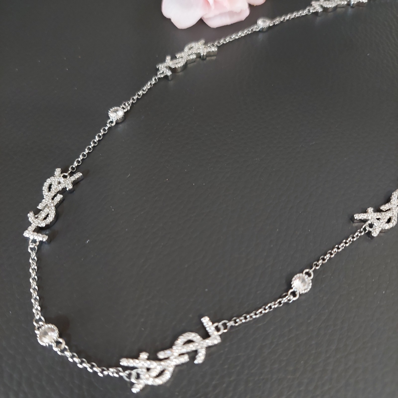 Auth. Yves Saint Laurent Signature YSL Logo Choker Crystal Studded Necklace