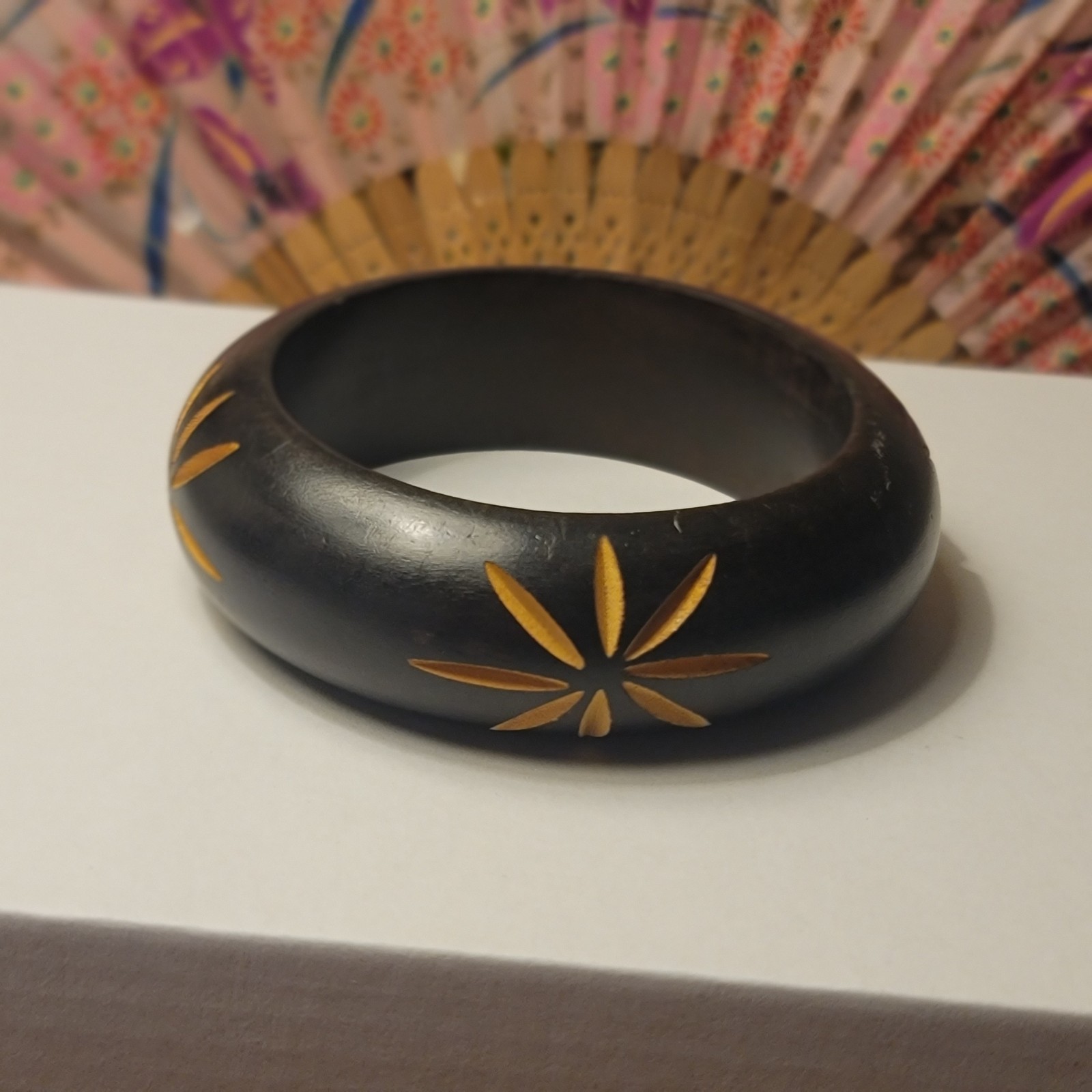 Bangle Bracelet Carved Etched Wood Dark Brown Size 8″ Inside