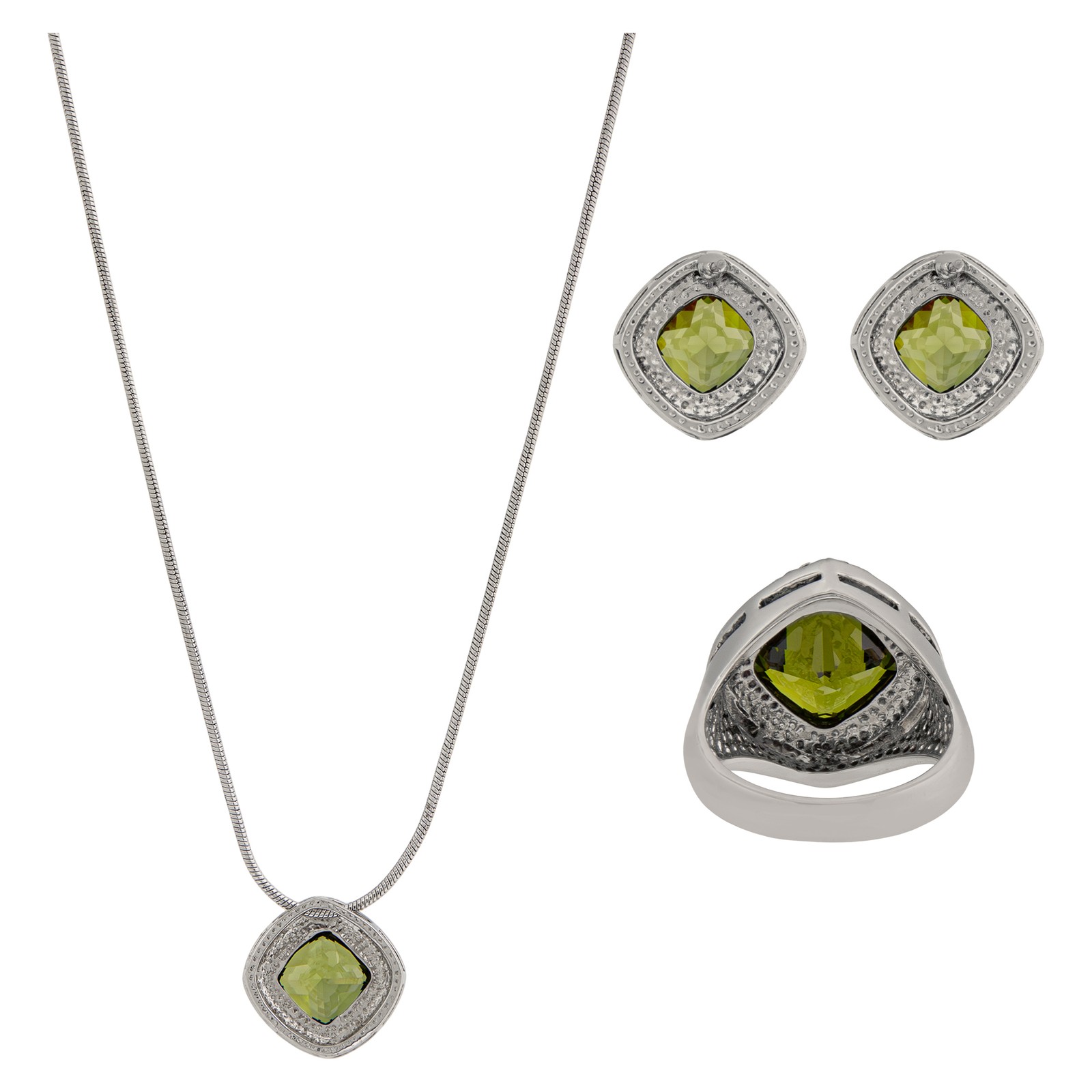 Green Peridot Silver Tone Rhodium Plated Pendant, Earring & Ring Set (Size 6)