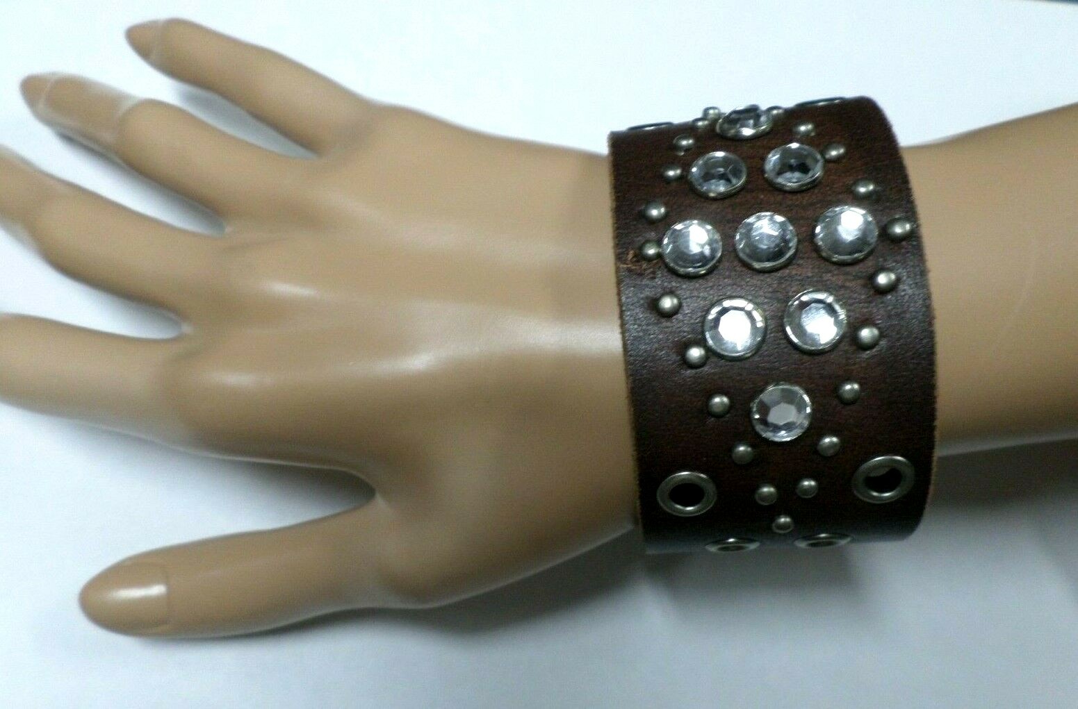 Western Biker Genuine Leather Bracelet Wrist Band-Crystals Studs Snaps-1.5″ Wide