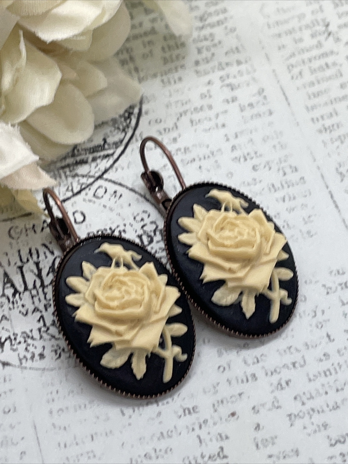 Rose Gold Brass Cream & Black Victorian Anniversary Earrings Cameo Birthday Gift