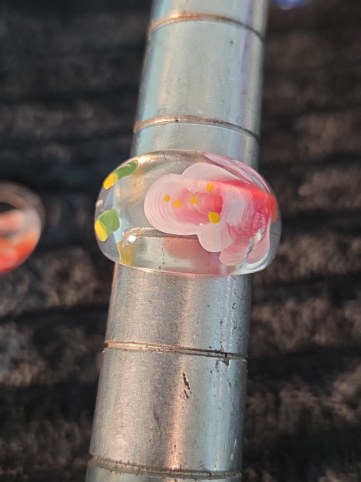 5 Plastic Resin Rings Multicolor Flower Ring Clear Band Handmade Painted Size 10