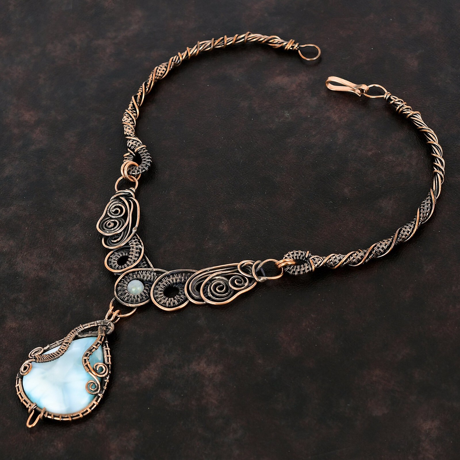 Larimar Gemstone Jewelry Copper Gift For Mum Wire Wrapped Chain Necklace 18.0″