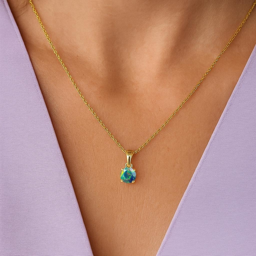 Black Fire Opal Round Gemstone Pendant Necklace, Ethiopian Opal Gemstone Gold