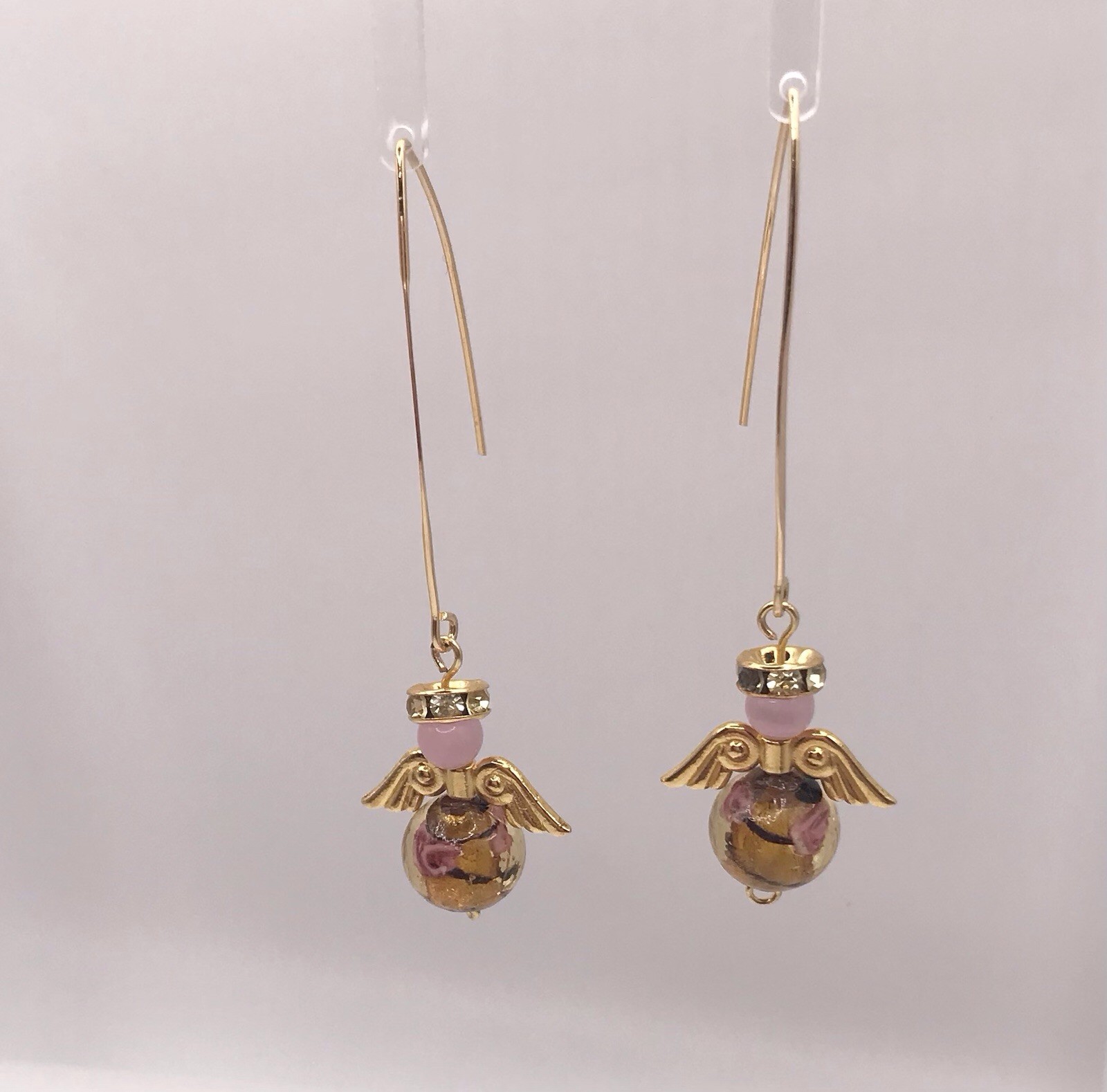 Handmade w/Angel Earrings Pink Cats Eye Murano Gold Round Bead Wings