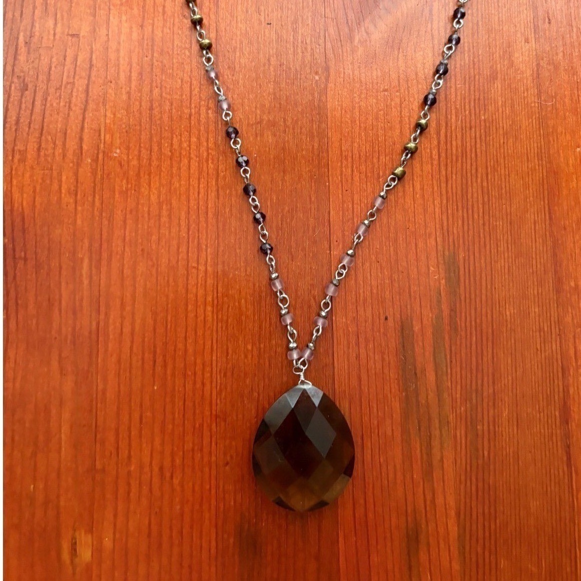 Boho Smoky Brown Faceted Teardrop Pendant Necklace Purple Beaded Silver Chain