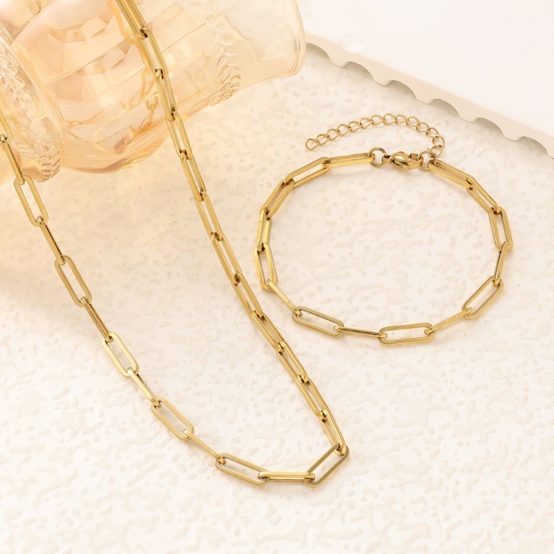 2PCS Golden Men’s and Women’s Titanium Steel Bracelet Necklace Fashion Jewelry