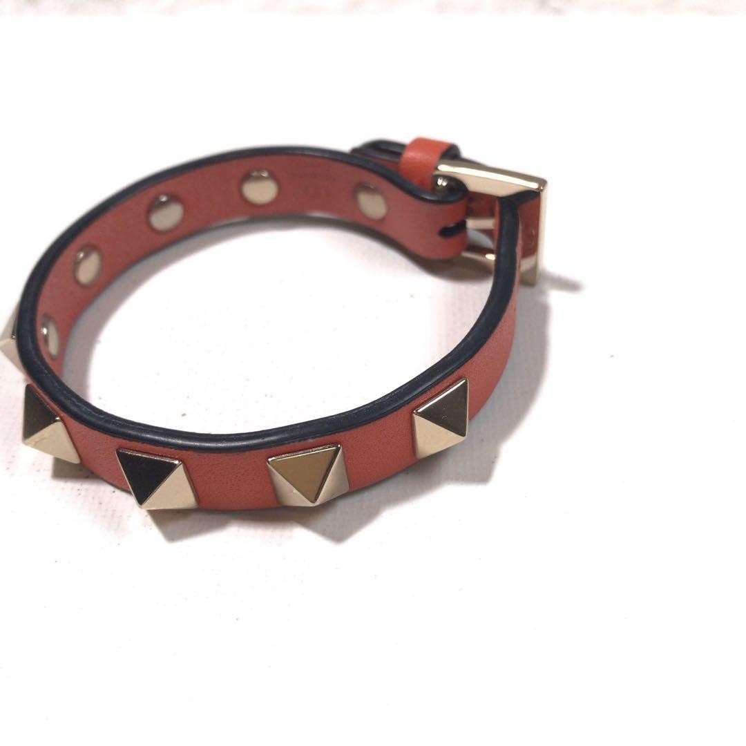 VALENTINO GARAVANI Rockstud Orange Leather Bracelet Goldtone Italy