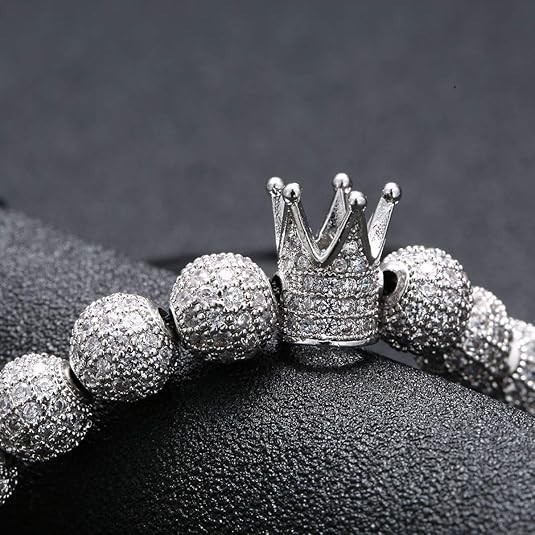 Micro Pave CZ Crown Bead Bracelet Adjustable Braided Cord Shiny Silver Wrist Jew