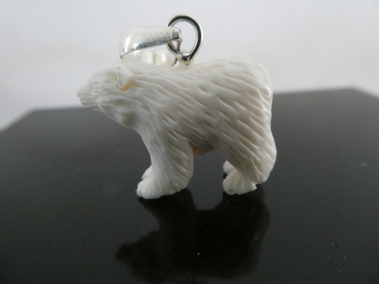 Polar Bear Sterling Silver 925 Carved Bubalus Bubalis Bone Pendant Necklace