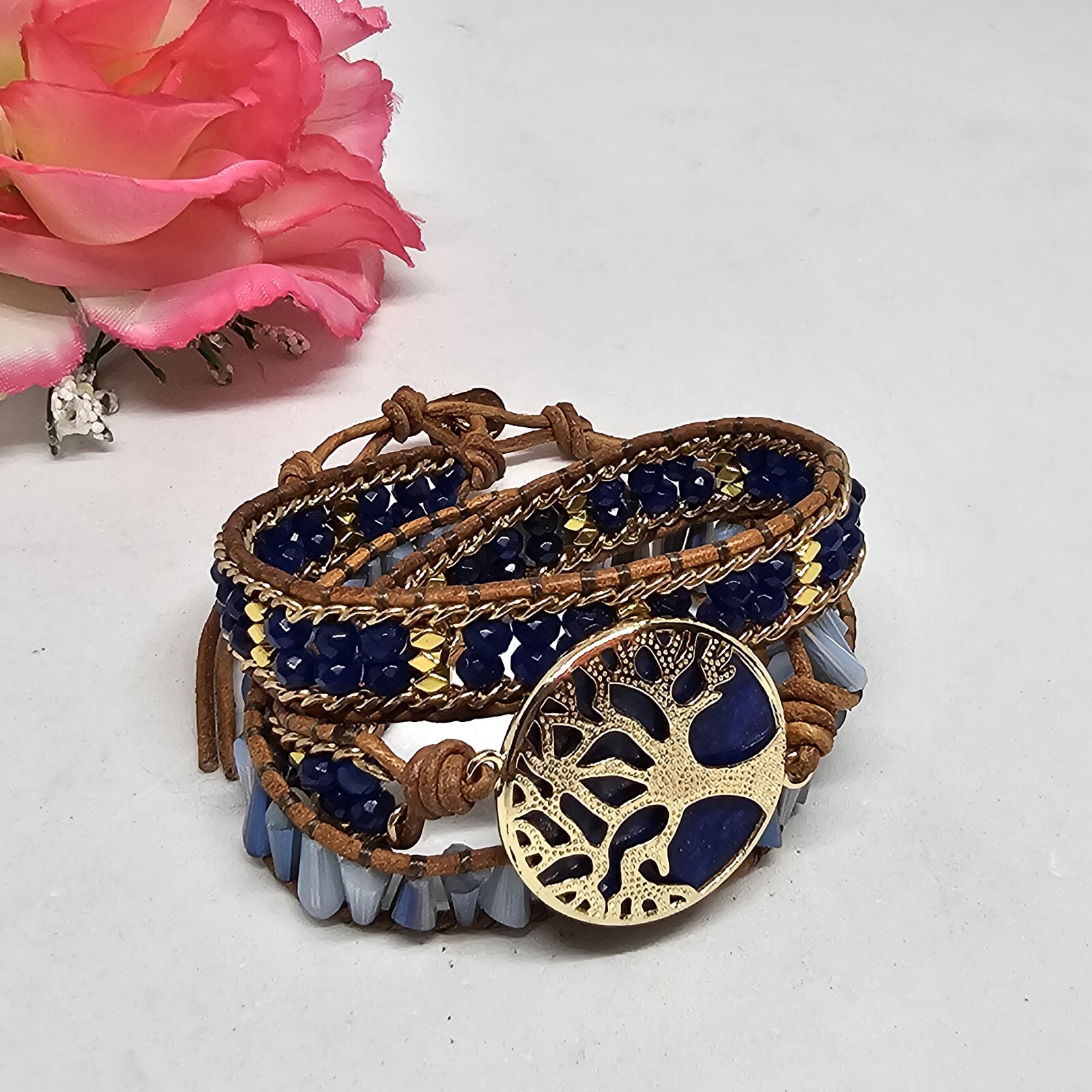 Blue Lapis Lazuli Tree of Life Bracelet Gold Crystal Braded Wrap Leather Boho