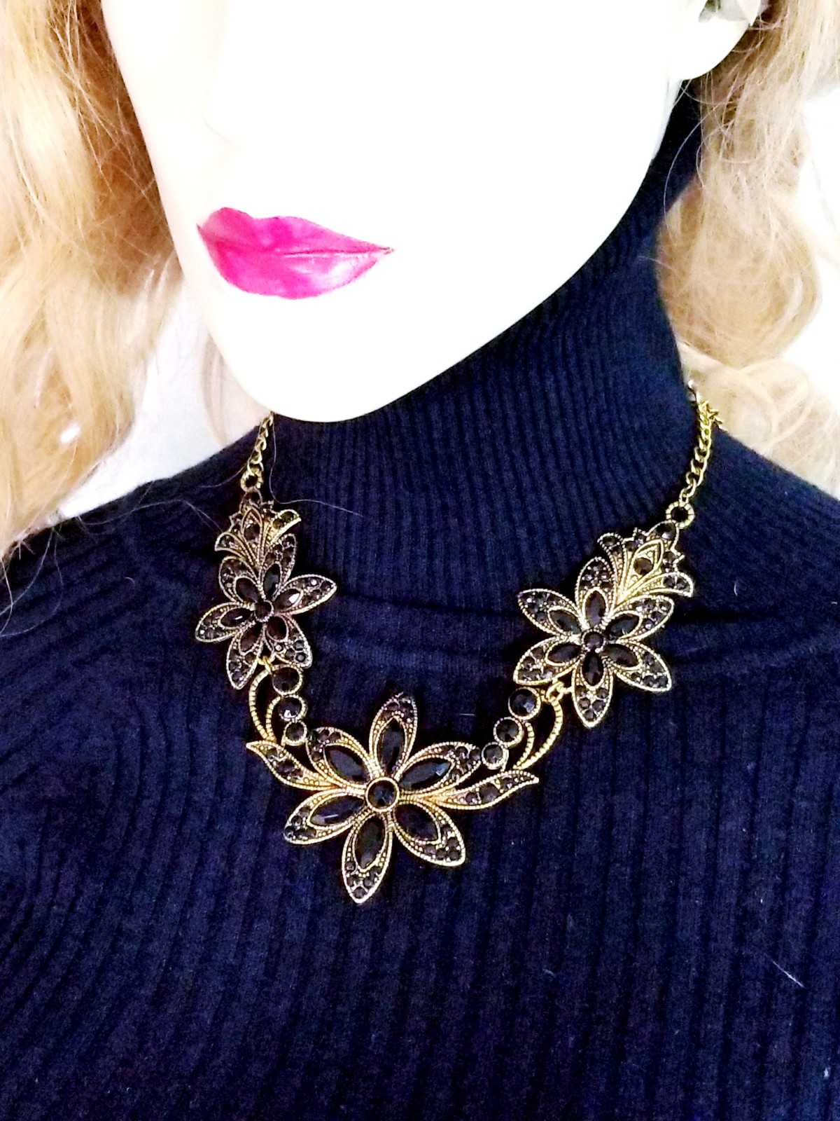 Black Floral Crystal Choker Rhinestone Necklace ONLY Bridal Prom Pageant