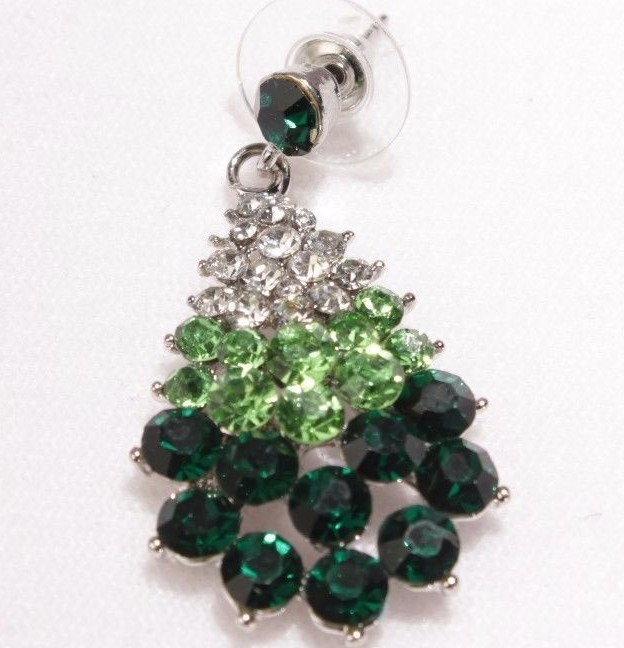 Pierced Earrings Crystal Super Bling 1 5/8 inch Green Peacock Style Wedding NEW