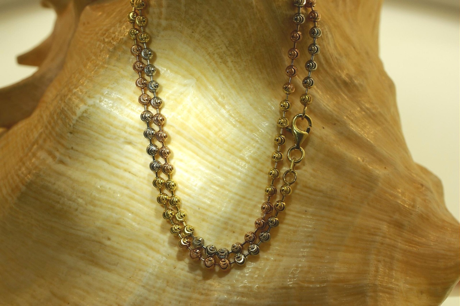 3MM ITALIAN TRICOLOR GOLD PLATED 925 SILVER SPARKLY DC BALL BEAD CHAIN NECKLACE
