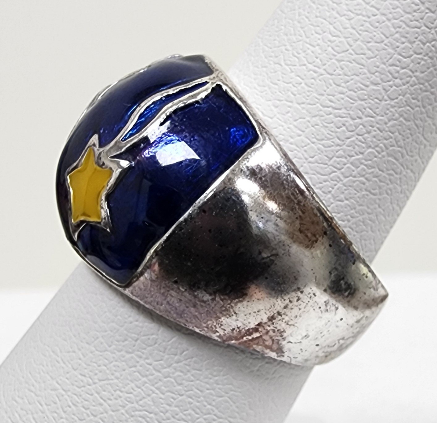 Designer LJ Sterling Silver Blue Enamel Falling Stars & Yellow Star CZ Ring Sz 7